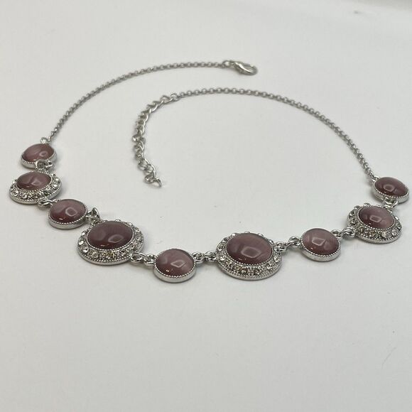 Silver Tone Purple Glass Cat Eye Round Rhinestone Boho Necklace Fashion Collar - Picture 6 of 8